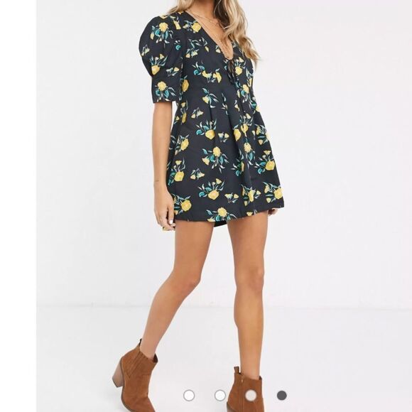 NWT Free People Adelle Floral Printed Mini Dress Tunic with Puff Short Sleeves - Picture 1 of 12
